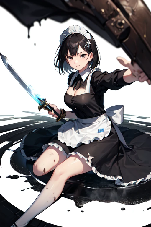 (((Highest quality))), ((masterpiece)), (((detailed))), (((Attention to detail))), ((High resolution))girl, cute, Slightly longer bob hair, (Maid clothes, White apron, Black and white classic), Small breasts, Holding a big sword, Fighting, Sword and Magic, Burning Battlefield, (Holding a large sword in both hands), (One sword), protect the castle, Facing a formidable foe, Oblique angle, (Maid clothesのスカートは千切れているquality:1.4), (The apron is also torn.:1.3), (EffectThe whole body is dirty with mud and soot.:1.6), (Effect: Body is dirty with soot and mud.:1.4), (EffectMaid clothesが煤と泥で汚いquality:1.4),