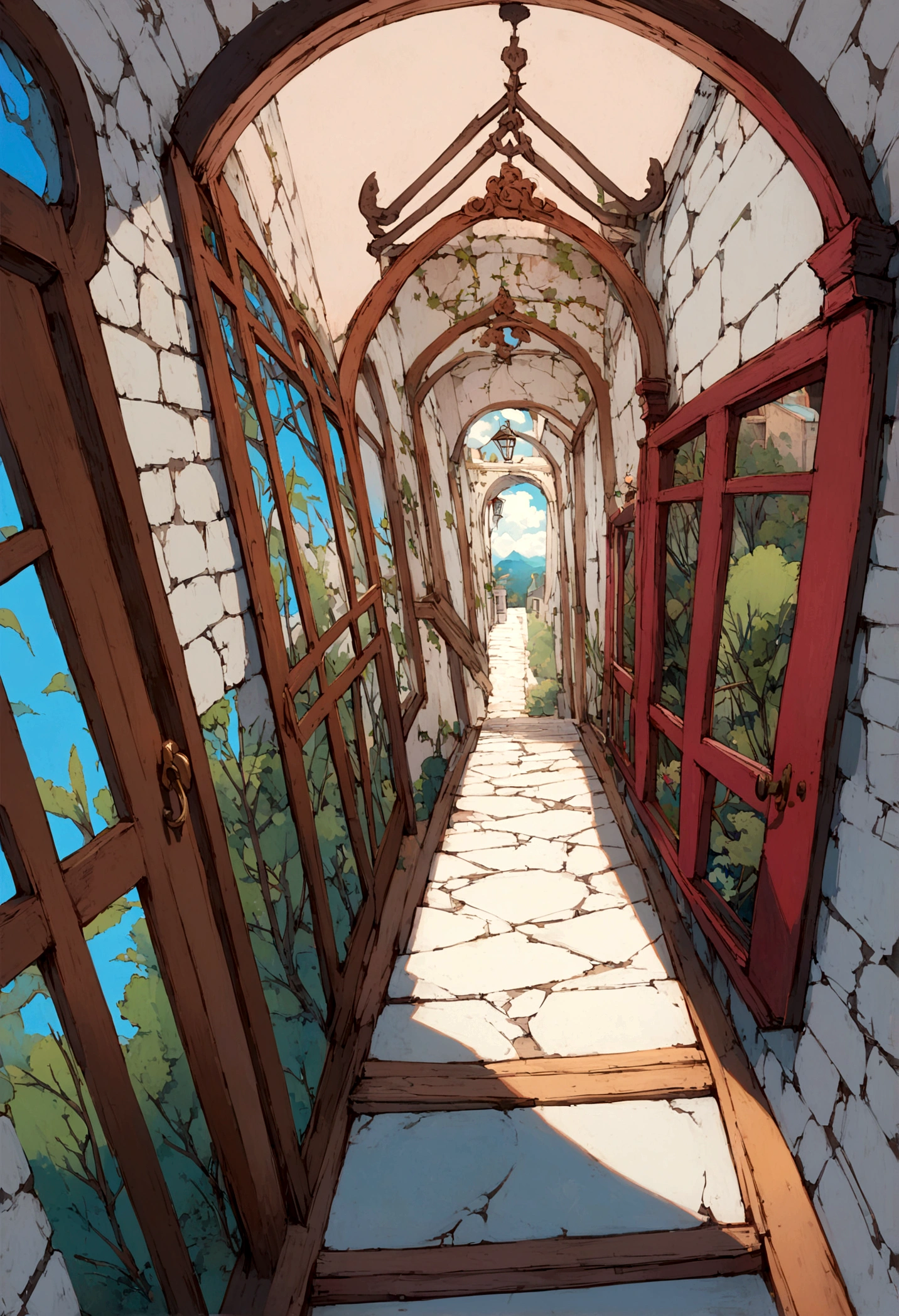 meilleure qualité, haute résolution,maison, Ciel bleu, nuages blancs, des arbres, route, balustrade, Toit rouge, Porte marron