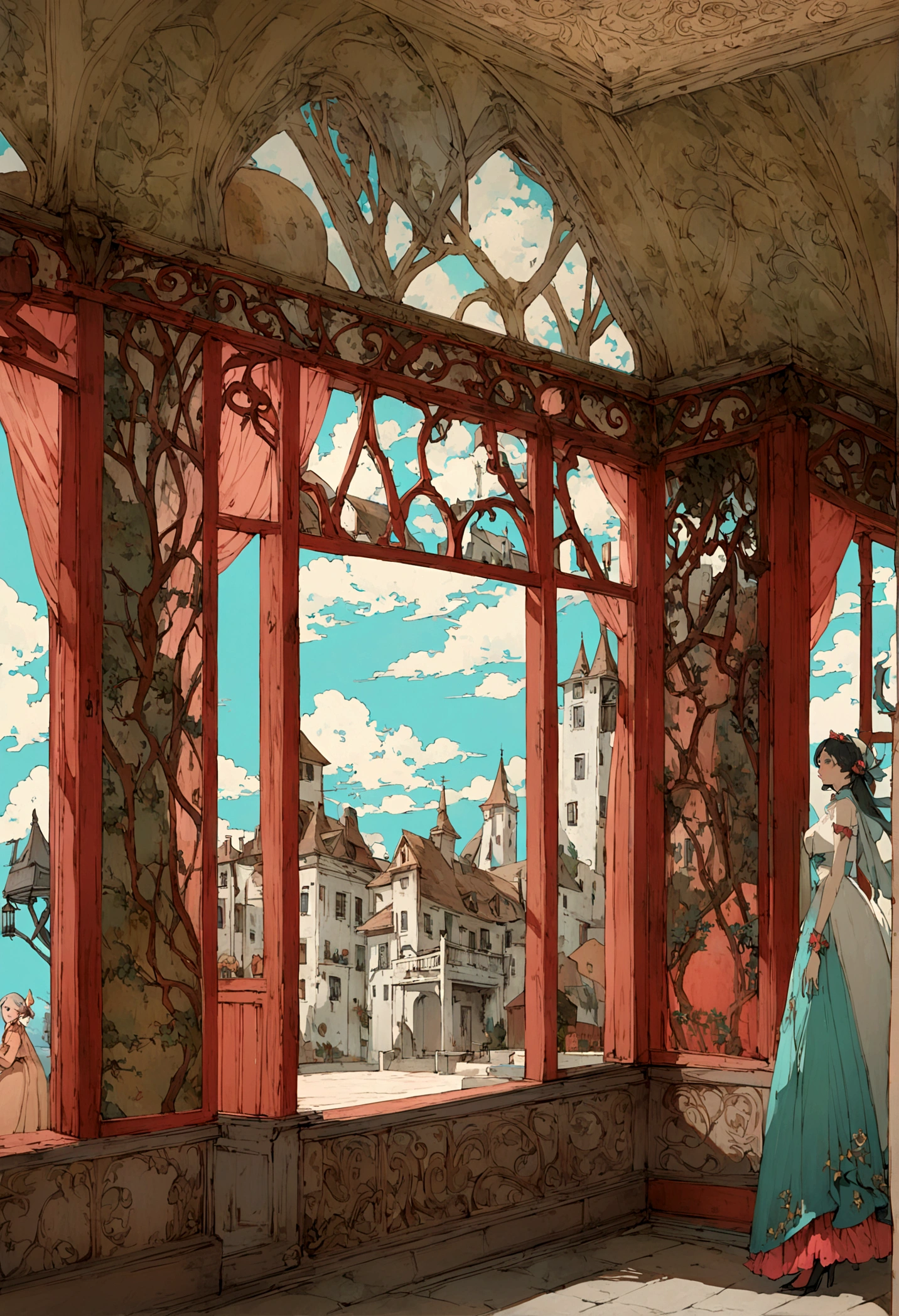 meilleure qualité, haute résolution,maison, Ciel bleu, nuages blancs, des arbres, route, balustrade, Toit rouge, Porte marron