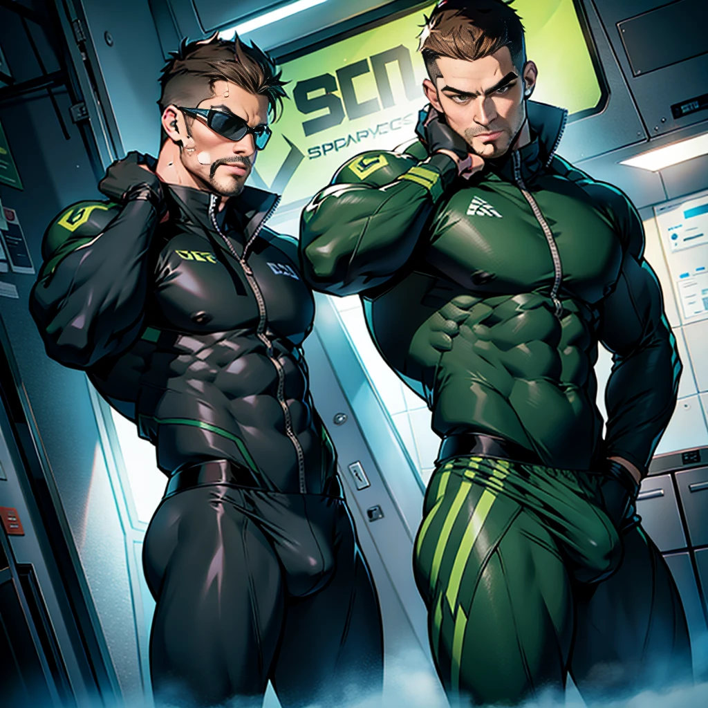 a muscular HUNK , STEPHEN AMELL  cyber-hero with DARK DARK GREEN  spandex suit FOR SPACE TRAVELING in spaceship , REVEALING HIS MUSCLES AND BULGE WITH HIS PRIVATE TRACE