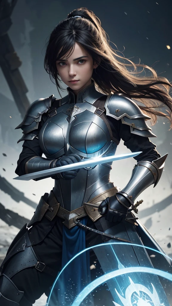 Reloaded Swordsman，Ultra-thick armor envelops the entire body，A giant sword with both hands on the ground，The blue spinning sword energy overflowed.，，Blood，Depth of written boundary，Dynamic Blur，highlight，Real Light，Ray Tracing，OC Rendering，Surreal，Highest quality，8K，Masterpieces，Ultra-fine，More about pubic hair，Correct Anatomy，Sharp focus on the eyes，Bokeh，The facial features are carefully drawn
