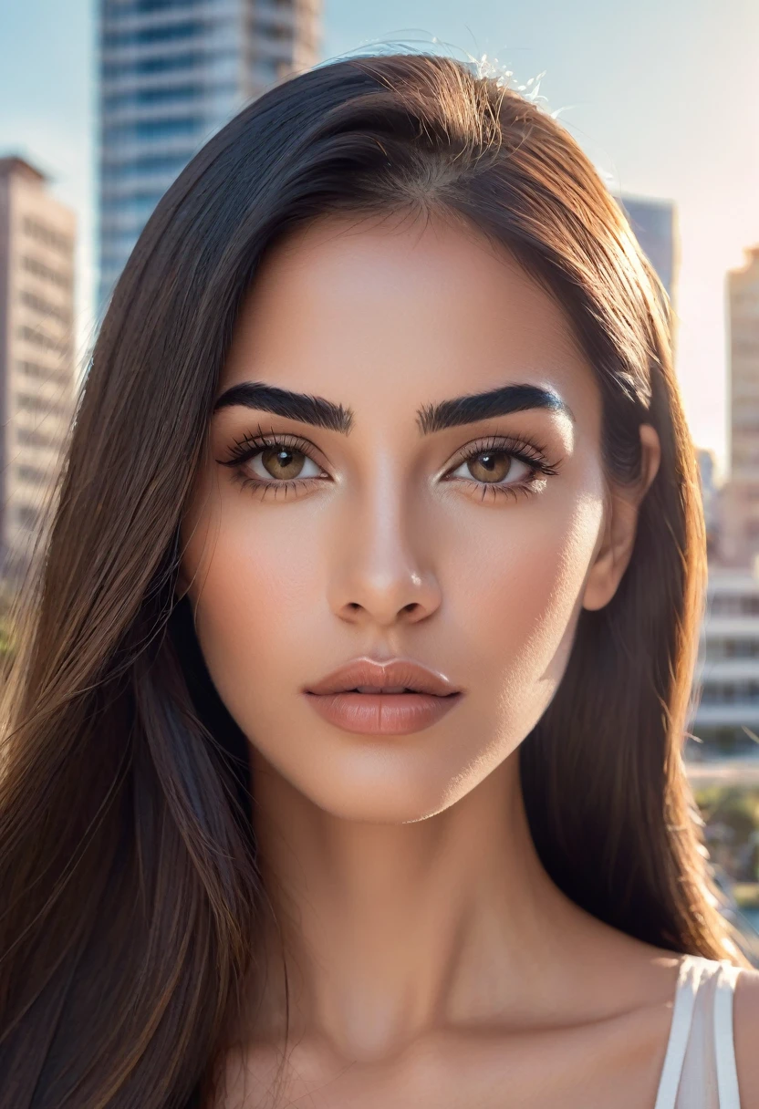 The beautiful face of a Latin woman with long straight hair, thick eyebrows and thin lips looking at the viewer, lonely city background with subtle touches of modern architecture, delicate sunlight highlighting your facial features, creating a feeling of calm and introspection, illustration,