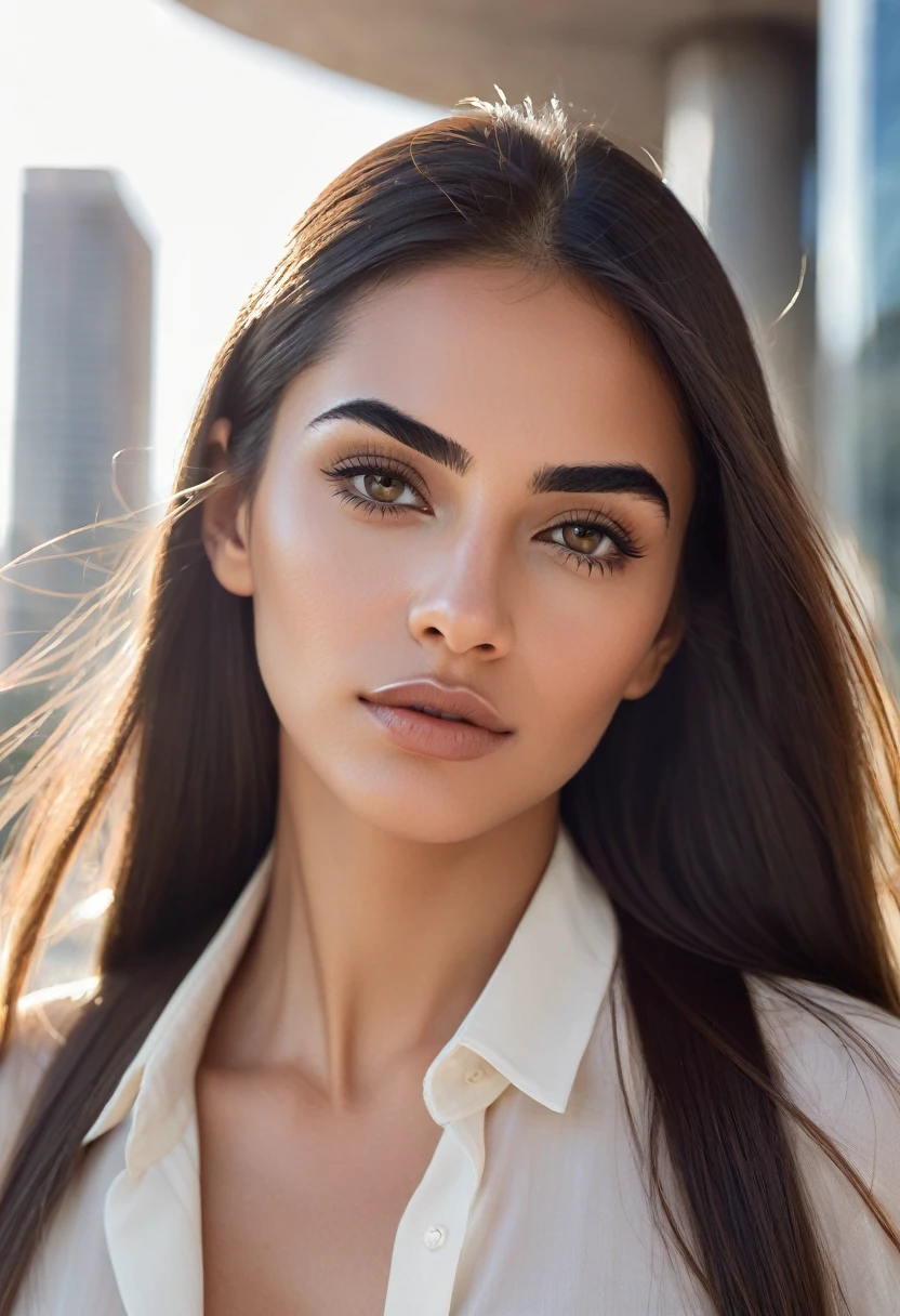The beautiful face of a Latin woman with long straight hair, thick eyebrows and thin lips looking at the viewer, lonely city background with subtle touches of modern architecture, delicate sunlight highlighting your facial features, creating a feeling of calm and introspection, illustration,