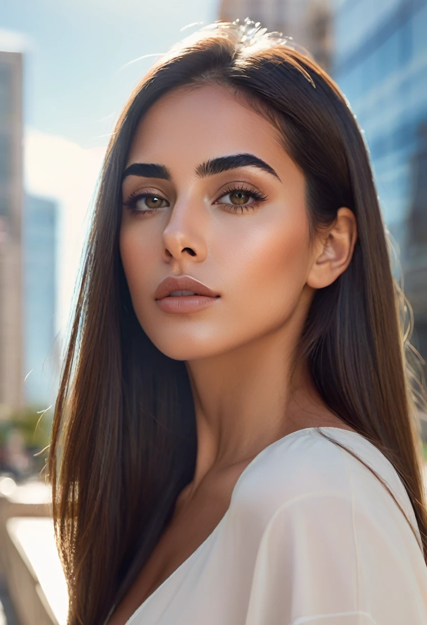 The beautiful face of a Latin woman with long straight hair, thick eyebrows and thin lips looking at the viewer, lonely city background with subtle touches of modern architecture, delicate sunlight highlighting your facial features, creating a feeling of calm and introspection, illustration,