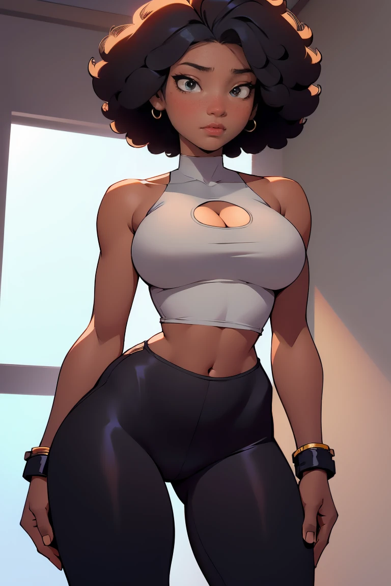 afro american girl, dark skin, behind view, afro haircut, 1 girl, solo, (black leggins) (crop tank top, cleavage), sleveless, medium bust size , wide hips
