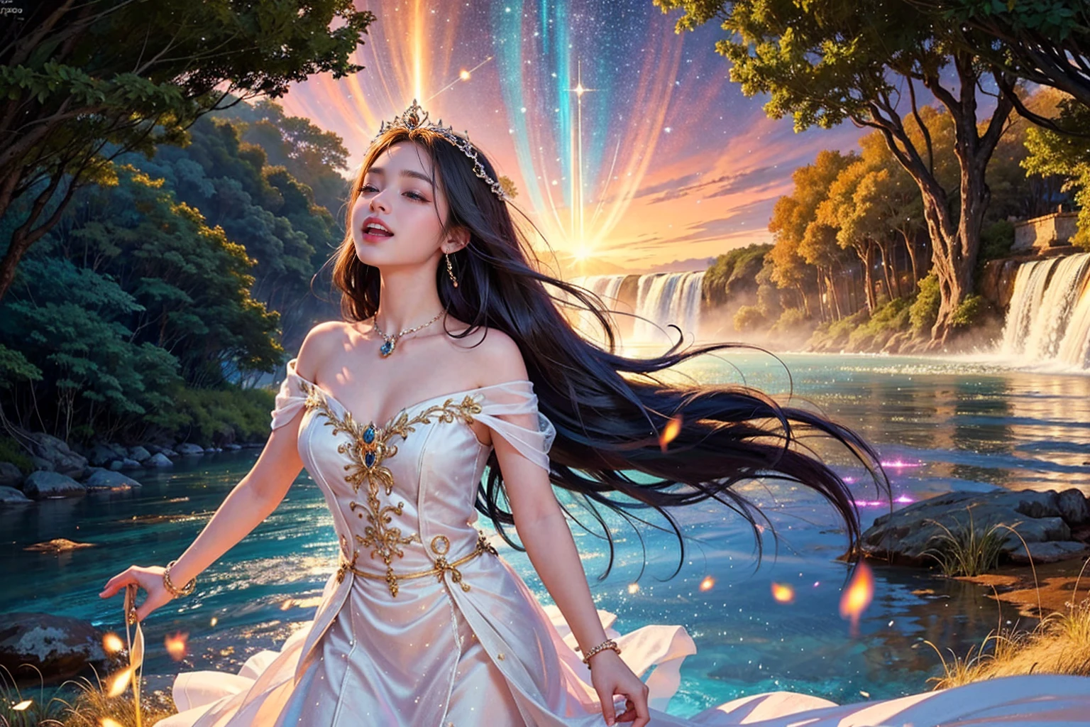 Top quality, high resolution, masterpiece, realistic, real photo. A mesmerizing cinematic photograph of a radiant young woman, standing captivated beneath a breathtaking waterfall composed entirely of vibrant, glowing musical notes. These magical notes cascade down in a kaleidoscope of colors, creating a dazzling display as they envelop the woman, who is fully immersed in the ecstasy of her dance. With eyes closed and a face beaming with pure joy and liberation, she becomes one with the music. The sky above, filled with twinkling stars and radiant frequency lines, symbolizes the transcendent power of music. This enchanting scene captures the essence of freedom and harmony, invoking an ethereal and magical atmosphere that resonates with viewers on a deep emotional level.