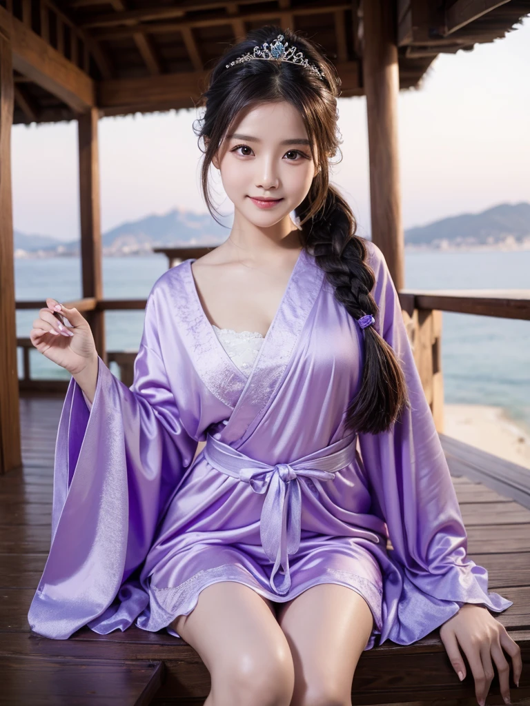 Bright Purple Taoist Robe, Shorts, Big eyes, A masterpiece, an absolute beauty, 1 female, close. close, Healing Smile, Sea view, 4K quality, Twisted braid, Princess Hairstyle Princess Cut, Simple hair accessories, Plum blossom, people々Once you see it, you will never forget its beauty.