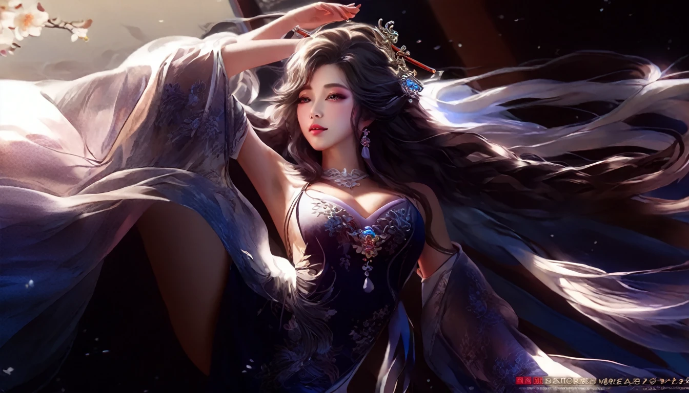 Woman in transparent dress,Viewer,(((Full breasts, Keeley University))),Slim waist,(Navel exposed,Bare waist), Long hair, extreme detailed details, Detailed fantasy art, Stunning character art, Beautiful and exquisite character art, Beautiful transparent dress, Very detailed, Girl wearing flowing Hanfu, Exquisite headpieces and jewellery,Crystal jewelry filigree, galaxy, Stunning visuals, (Dynamic Stripes, light rail:1.2), Vibrant colors,Long hair动漫女孩和狐狸, 美丽的白金色Angel女士, 白毛Angel, Beautiful character painting, Beautiful anime portrait, Angel翅膀的女孩, a beautiful Angel woman, Mystical artwork, Guweiz, by Ren Renfa, Angel, Large Breasts,Full breasts,Golden ratio figure,Perfect body,Ultra wide-angle shooting,Full body shot,Body close-up,Full body shot,Wearing a pleated tulle skirt,Soft anime illustration, Soft dark background,Fujifilm XT3 Clear focus, f 5.6, High Detail, Clear focus, Dramatic, (Wearing openwork clothing), (Looking at the audience:1.8), (Natural light), (Tempting)translucent, Good velvet quality, Compared, Divine Light,, Silver gray hair, Sky background, Absolute Strength,女性Angel,Girl in sexy silk,,Large Breasts,Full breasts,Golden ratio figure,Perfect body,Ultra wide-angle shooting,Full body shot,Body close-up,Full body shot, Wearing a tulle dress, Model shooting style, Large Breasts,Full breasts,Golden ratio figure,Perfect body,(Extremely detailed CG 8k wallpaper unit), The most beautiful artistic photos in the world, , 8K Ultra HD, ) On the big white bed,Lazy gesture,Charming and seductive expression,best quality,masterpiece,Ultra-high resolution,(Practical:1.4),original photo,Ultra-high resolution,White skin,Exquisite makeup,Long legs,Bright beautiful eyes,用深色眼影打造Exquisite makeup,