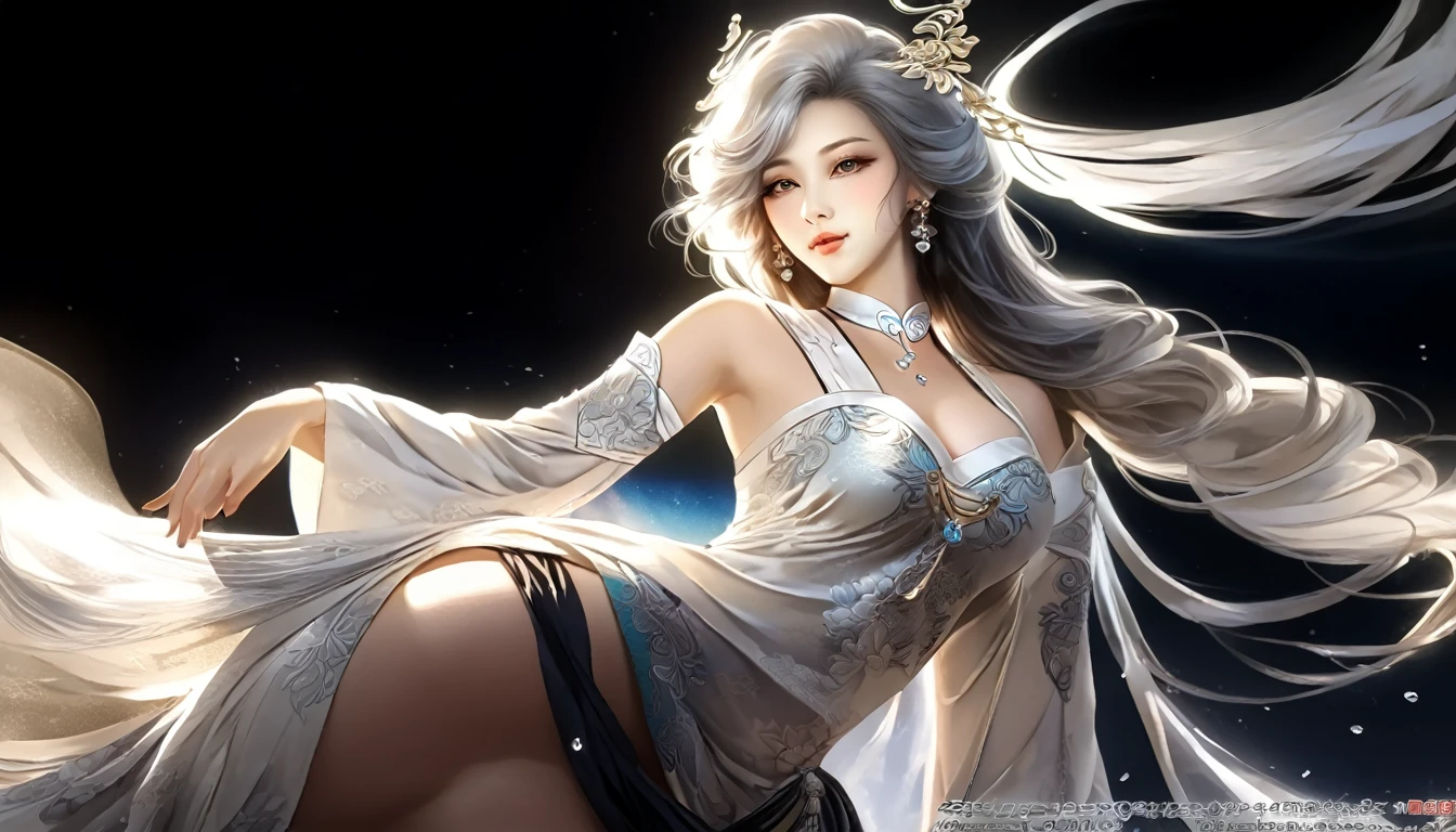 Woman in transparent dress,Viewer,(((Full breasts, Keeley University))),Slim waist,(Navel exposed,Bare waist), Long hair, extreme detailed details, Detailed fantasy art, Stunning character art, Beautiful and exquisite character art, Beautiful transparent dress, Very detailed, Girl wearing flowing Hanfu, Exquisite headpieces and jewellery,Crystal jewelry filigree, galaxy, Stunning visuals, (Dynamic Stripes, light rail:1.2), Vibrant colors,Long hair动漫女孩和狐狸, 美丽的白金色Angel女士, 白毛Angel, Beautiful character painting, Beautiful anime portrait, Angel翅膀的女孩, a beautiful Angel woman, Mystical artwork, Guweiz, by Ren Renfa, Angel, Large Breasts，Full breasts，Golden ratio figure，Perfect body，Ultra wide-angle shooting，Full body shot，Body close-up，Full body shot，Wearing a pleated tulle skirt，Soft anime illustration, Soft dark background，Fujifilm XT3 Clear focus, f 5.6, High Detail, Clear focus, Dramatic, (Wearing openwork clothing), (Looking at the audience:1.8), (Natural light), (Tempting)translucent, Good velvet quality, Compared, Divine Light,, Silver gray hair, Sky background, Absolute Strength,女性Angel，Girl in sexy silk,，Large Breasts，Full breasts，Golden ratio figure，Perfect body，Ultra wide-angle shooting，Full body shot，Body close-up，Full body shot， Wearing a tulle dress, Model shooting style, Large Breasts，Full breasts，Golden ratio figure，Perfect body，(Extremely detailed CG 8k wallpaper unit), The most beautiful artistic photos in the world, , 8K Ultra HD, ) On the big white bed，Lazy gesture，Charming and seductive expression，best quality,masterpiece,Ultra-high resolution,(Practical:1.4),original photo,Ultra-high resolution，White skin，Exquisite makeup，Long legs，Bright beautiful eyes，用深色眼影打造Exquisite makeup，