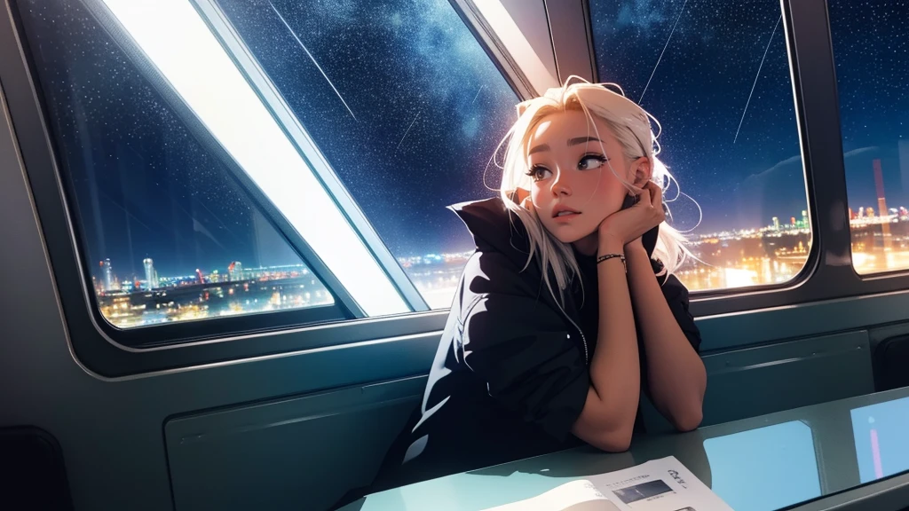 train,  sitting by the window,  pose pensives, Look at the stars, Head glued to the glass, Landscape passing by at high speed, voyage de nuit, Beautiful Starry Sky, Une belle fille avec, UHD Portrait, (High quality) (ultra details) Regarder le spectateur en tenue de ville de style hip-hop; different, colourfull, cry