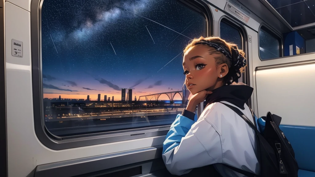 train, sitting by the window, pose pensives, Look at the stars, Head glued to the glass, Landscape passing by at high speed, voyage de nuit, Beautiful Starry Sky, Une belle fille avec, UHD Portrait, (High quality) (ultra details) Regarder le spectateur en tenue de ville de style hip-hop; different, colourfull, cry