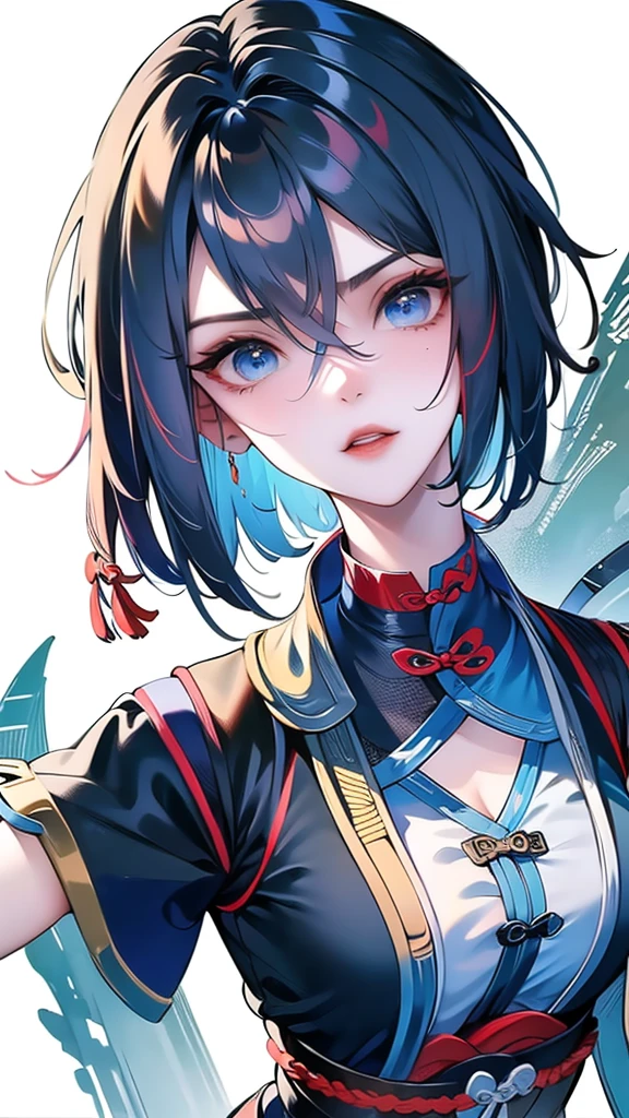 Masterpiece, Best quality, 1 Ji Ruxue, the expression is cold, strong, blue eyes, short hair, wolfcut hairstyle, smoky mix blue color hair, resolute eyes, red lips, simple Taoist Taoist uniform, Chinese mix morden, frontal photo, black or white background, simple background, アニメ, illustration, Chinese style short-sleeved shirt, cool girl, Ji Ru Xue, Fullbody