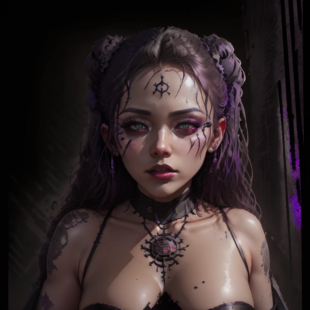 Oni-girl. She has long pink twintails and parted bangs. ((forehead))++. She is wearing a red and black gothic dress. She has oni horns. The background includes a cyberpunk cityscape visible through a cracked window. Neon glows and deep shadows. Created Using: digital illustration, cyberpunk style, high contrast, vibrant neon colors, sleek design, gritty textures, hd quality