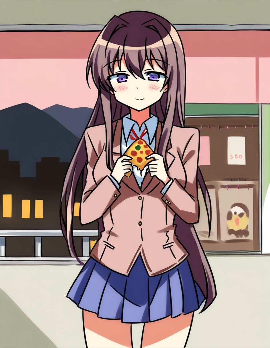 score_9, score_6_up, source_anime, 1girl, solo, cowboy shot, *, blazer, collared shirt, blue skirt, light smile, classroom Monika, Natsuki, Sayori, Yuri, The club eating pizza(DOKI DOKI Literature club)