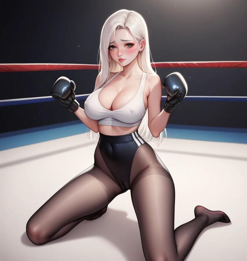 korean beautifull girl，18 years old,Pretty Face，Good shape，detailed picture, Shy expression， blush，White long hair, Wear yoga clothes，Wear black pantyhose, Wearing black boxing gloves, Kneeling in a sexy pose on the boxing ring，Large Breasts,Cleavage,Long legs，Thin waist，nipple，Camel toe