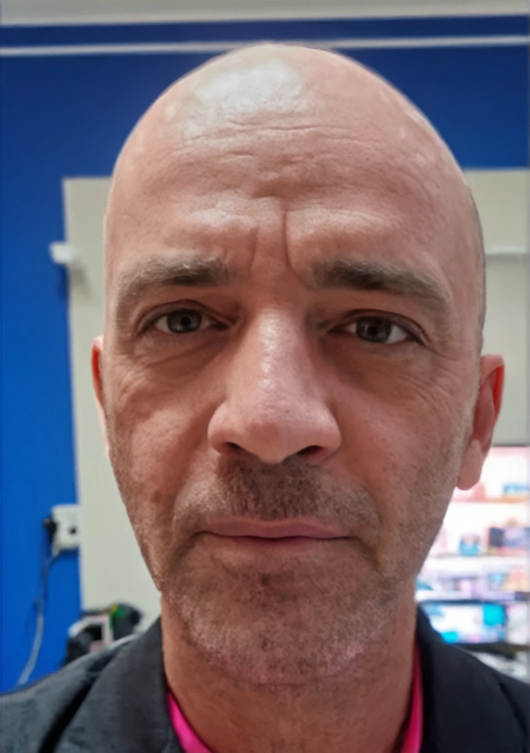 there is a bald man and a pink shirt, 8k selfie photograph, taken at the beginning of 2020, 8k highly detailed face, photo of a 50-year-old white man, bald with short beard, frontal image, detailed blurred face, profile picture with headshot, 45 years old men, face picture, clean-shaven face