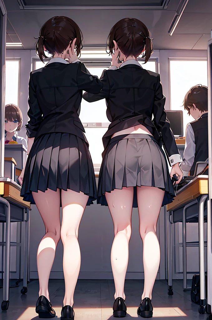 A girl with her hands on a desk at school,mini skirt,From directly behind,Back view,Panties in full view,No underwear,Sweat,Peeping