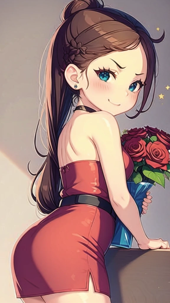 a person in a red sparkling dress surrounded by lights and a sign



 a happy woman holding a bouquet of roses looking at the camera, 1girl,  hair, jewelry, teeth, long hair, earrings, hair ornament, dress,,maomao,1girl,blunt bangs,green hair,long hair,blue eyes,solo,Marinette, blue_eyes, Marinette Dupain-Cheng