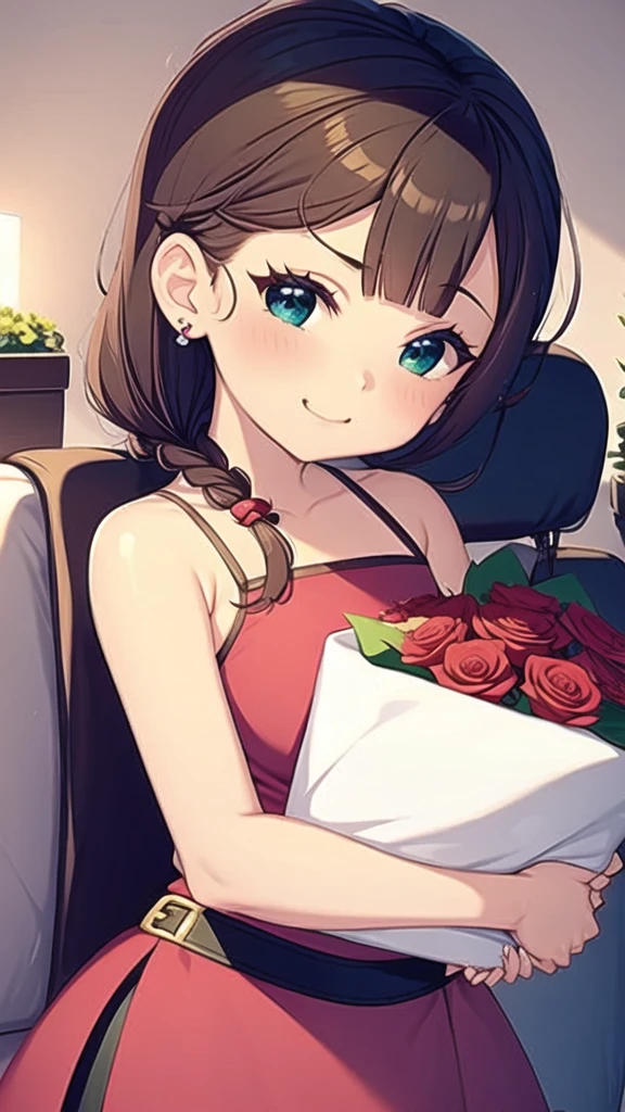a person in a red sparkling dress surrounded by lights and a sign
a happy woman holding a bouquet of roses looking at the camera, 1girl, hair, jewelry, teeth, long hair, earrings, hair ornament, dress,,maomao,1girl,blunt bangs,green hair,long hair,blue eyes,solo,Marinette, blue_eyes, Marinette Dupain-Cheng