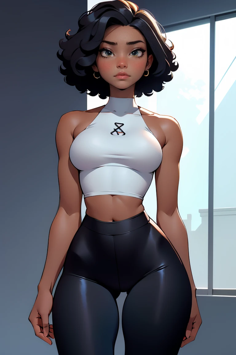 afro american girl, dark skin, behind view, afro haircut, 1 girl, solo, (black leggins) (crop tank top low neckline), sleveless, wide hips