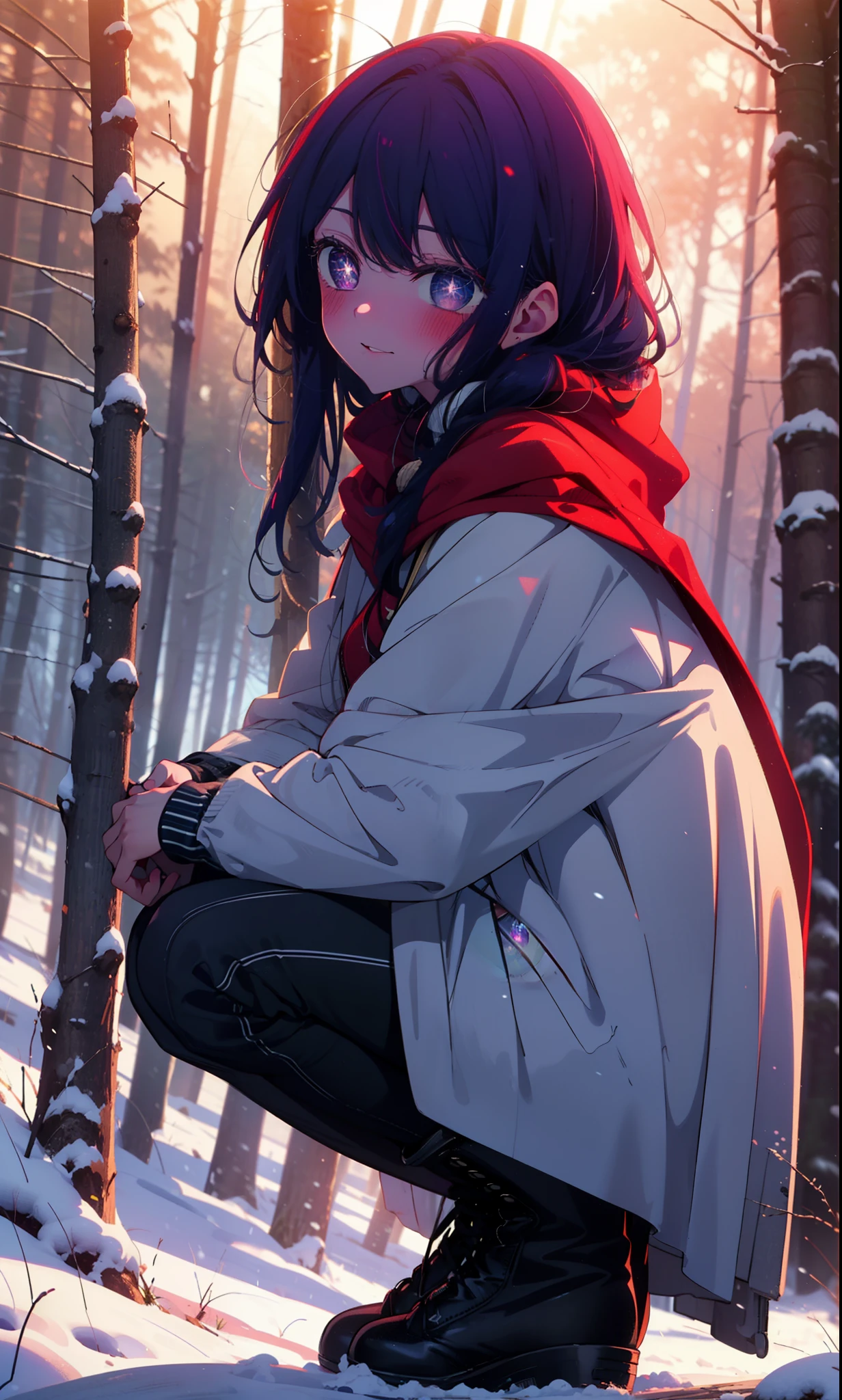 aihoshino, Ai Hoshino, Long Hair, bangs, (Purple eyes:1.1), Purple Hair, (Symbol-shaped pupil:1.5), smile,,smile,blush,White Breath,
Open your mouth,snow,Ground bonfire, Outdoor, boots, snowing, From the side, wood, suitcase, Cape, Blurred, , forest, White handbag, nature, Squat, Mouth closed, Cape, winter, Written boundary depth, Black shoes, red Cape break looking at viewer, Upper Body, whole body, break Outdoor, forest, nature, break (masterpiece:1.2), Highest quality, High resolution, unity 8k wallpaper, (shape:0.8), (Beautiful and beautiful eyes:1.6), Highly detailed face, Perfect lighting, Extremely detailed CG, (Perfect hands, Perfect Anatomy),