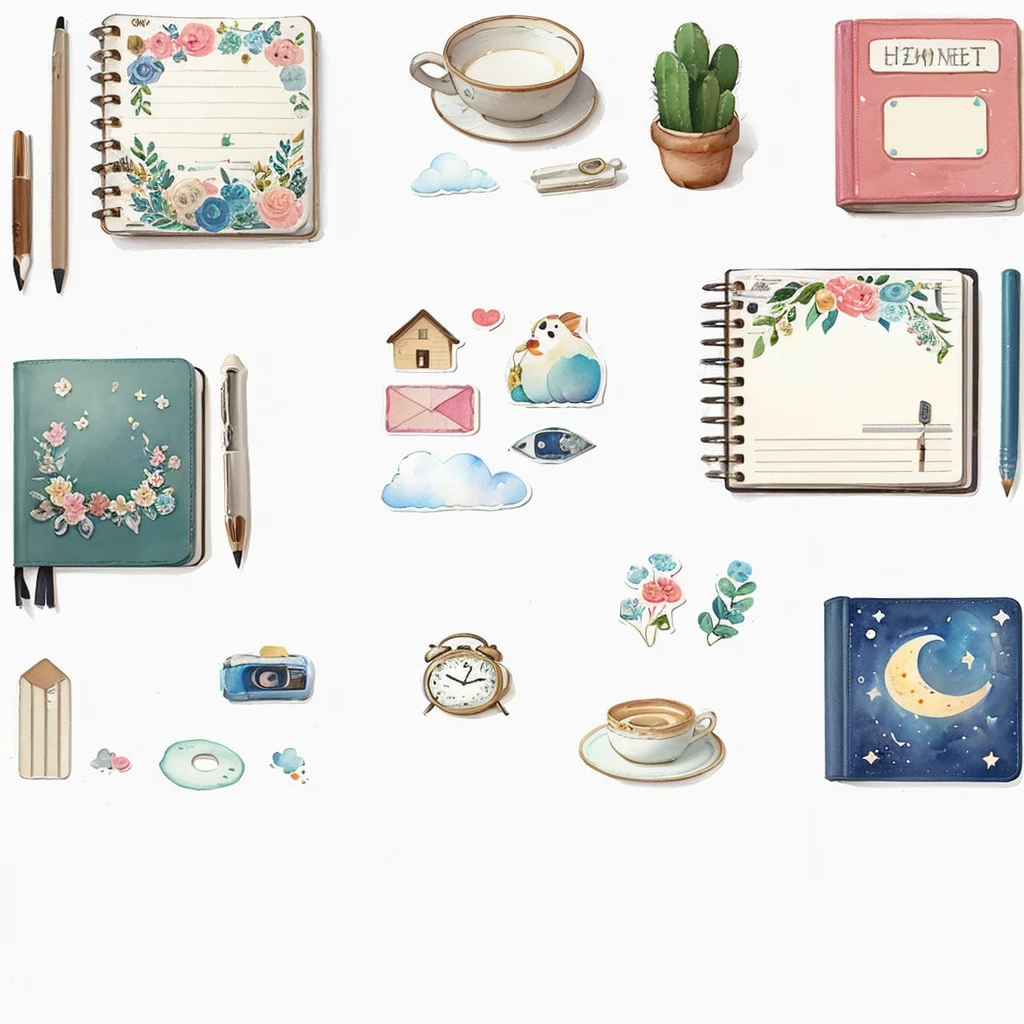 there are many different items grouped on this page, stickers illustrations, miscellaneous Objects, watercolor illustration style, planner stickers, hand painted cartoon art style, multiple items, etsy stickers, illustrated in whimsical style, detailed illustrations, stickers, Objects, various funds, high draft quality, scattered props, dreamy illustration, sticker illustration