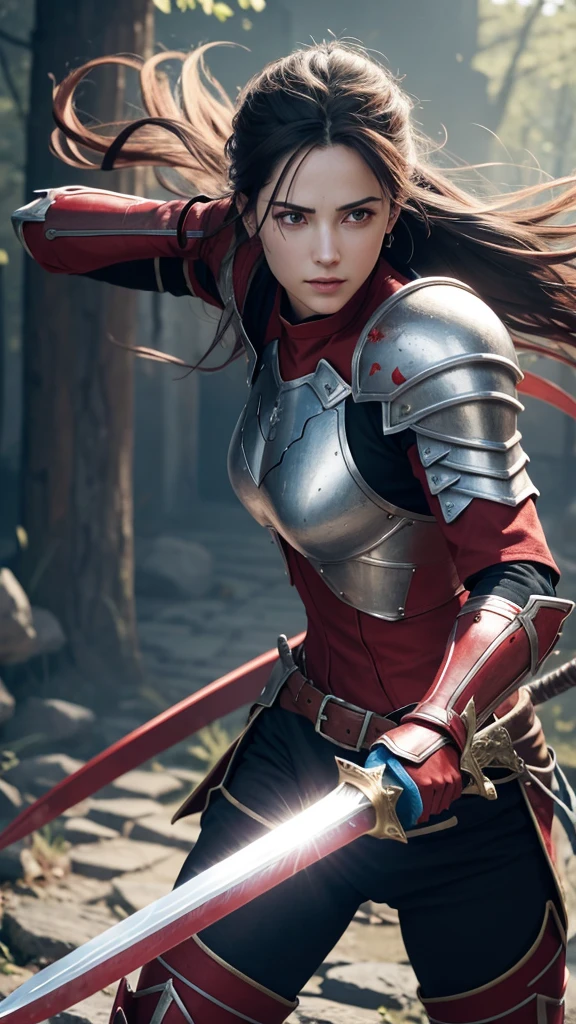 Reloaded Swordsman,The whole body is covered in super-thick red armor.,A giant sword with both hands on the ground,The blue spinning sword energy overflowed.,,Blood,Depth of written boundary,Dynamic Blur,highlight,Real Light,Ray Tracing,OC Rendering,Surreal,Highest quality,8K,Masterpieces,Ultra-fine,More about pubic hair,Correct Anatomy,Sharp focus on the eyes,Bokeh,The facial features are carefully drawn