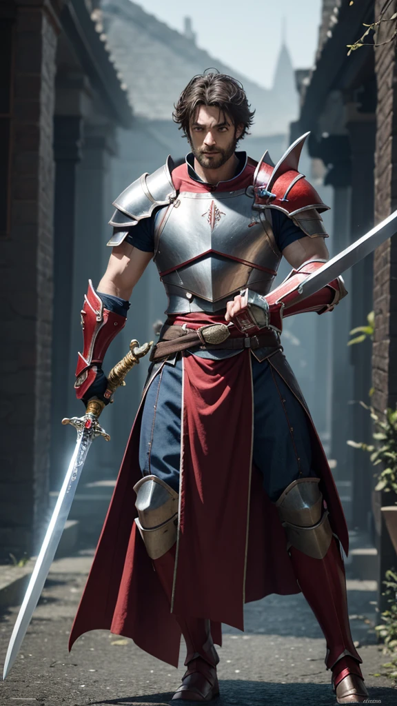 Reloaded Swordsman，The whole body is covered in super-thick red armor.，A giant sword with both hands on the ground，The blue spinning sword energy overflowed.，，Blood，Depth of written boundary，Dynamic Blur，highlight，Real Light，Ray Tracing，OC Rendering，Surreal，Highest quality，8K，Masterpieces，Ultra-fine，More about pubic hair，Correct Anatomy，Sharp focus on the eyes，Bokeh，The facial features are carefully drawn