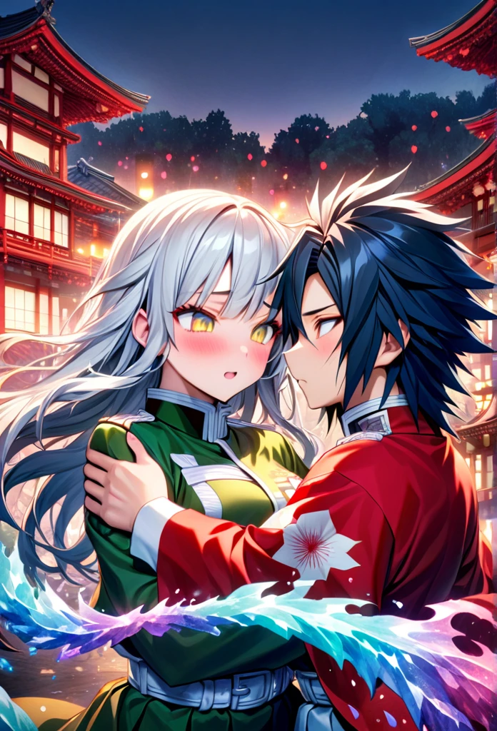 Ultra detailed, high resolution, absurd, HDR, masterpiece, anime girl and boy, beautiful woman (with long white hair with deep red streaks, girl (with yellow eyes), the girl (is wearing a red haori), using uniform of demon slayer corps, Kimetsu No Yaiba, fantasy, beautiful, Tomioka Giyu, Hashira, Tomioka is scared and shaking, couple, japonese city, almost night, best quality, extremely detailed face, anime, the girl is worried about Tomioka, she is trying to calm him down, hug, he is scared, Tomioka is a strong man, Tomioka with fear expression