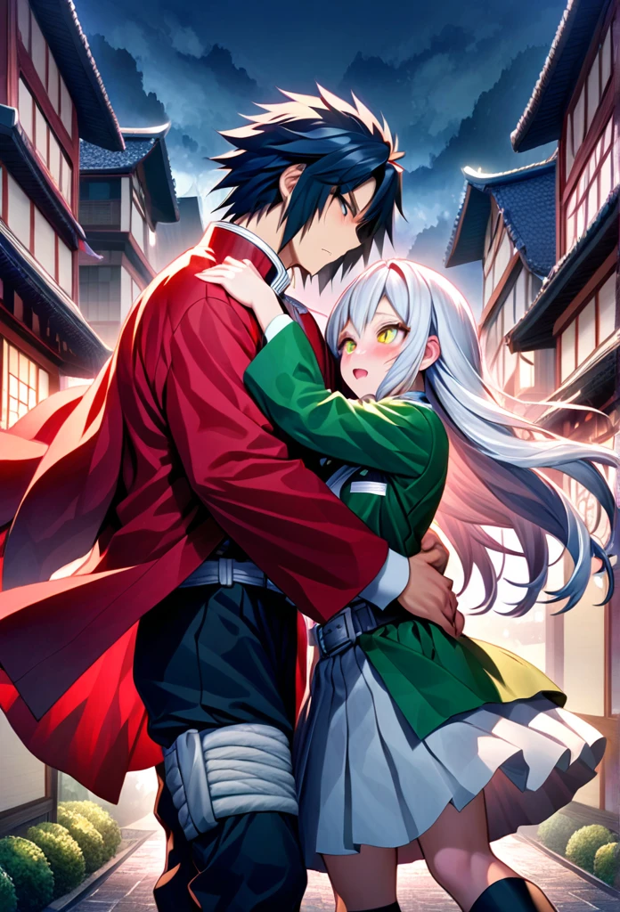 Ultra detailed, high resolution, absurd, HDR, masterpiece, anime girl and boy, beautiful woman (with long white hair with deep red streaks, girl (with yellow eyes), the girl (is wearing a red haori), using uniform of demon slayer corps, Kimetsu No Yaiba, fantasy, beautiful, Tomioka Giyu, Hashira, Tomioka is scared and shaking, couple, japonese city, almost night, best quality, extremely detailed face, anime, the girl is worried about Tomioka, she is trying to calm him down, hug, he is scared, Tomioka is a strong man, Tomioka with fear expression