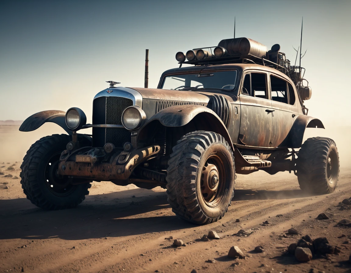 a powerful off-roader, post-apocalyptic, mad max style, weathered and dystopian, desert landscape, dramatic lighting, vibrant colors, gritty and rugged, heavily modified vehicle, massive wheels, spikes and armor plating, menacing presence, cinematic composition, ultra-detailed, 8k, photorealistic, dramatic angles, chiaroscuro lighting, volumetric fog, dust and grime effects, worn and battle-damaged, ominous atmosphere, cinematic depth of field, dramatic color grading, intense shadows and highlights, car old Bentley, with visible motor V8