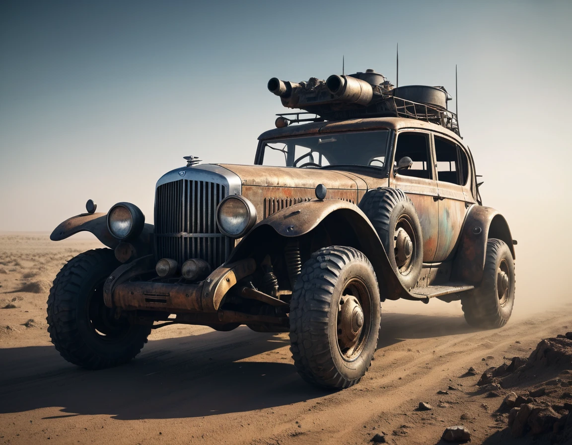 a powerful off-roader, post-apocalyptic, mad max style, weathered and dystopian, desert landscape, dramatic lighting, vibrant colors, gritty and rugged, heavily modified vehicle, massive wheels, spikes and armor plating, menacing presence, cinematic composition, ultra-detailed, 8k, photorealistic, dramatic angles, chiaroscuro lighting, volumetric fog, dust and grime effects, worn and battle-damaged, ominous atmosphere, cinematic depth of field, dramatic color grading, intense shadows and highlights, car old Bentley, with visible motor V8
