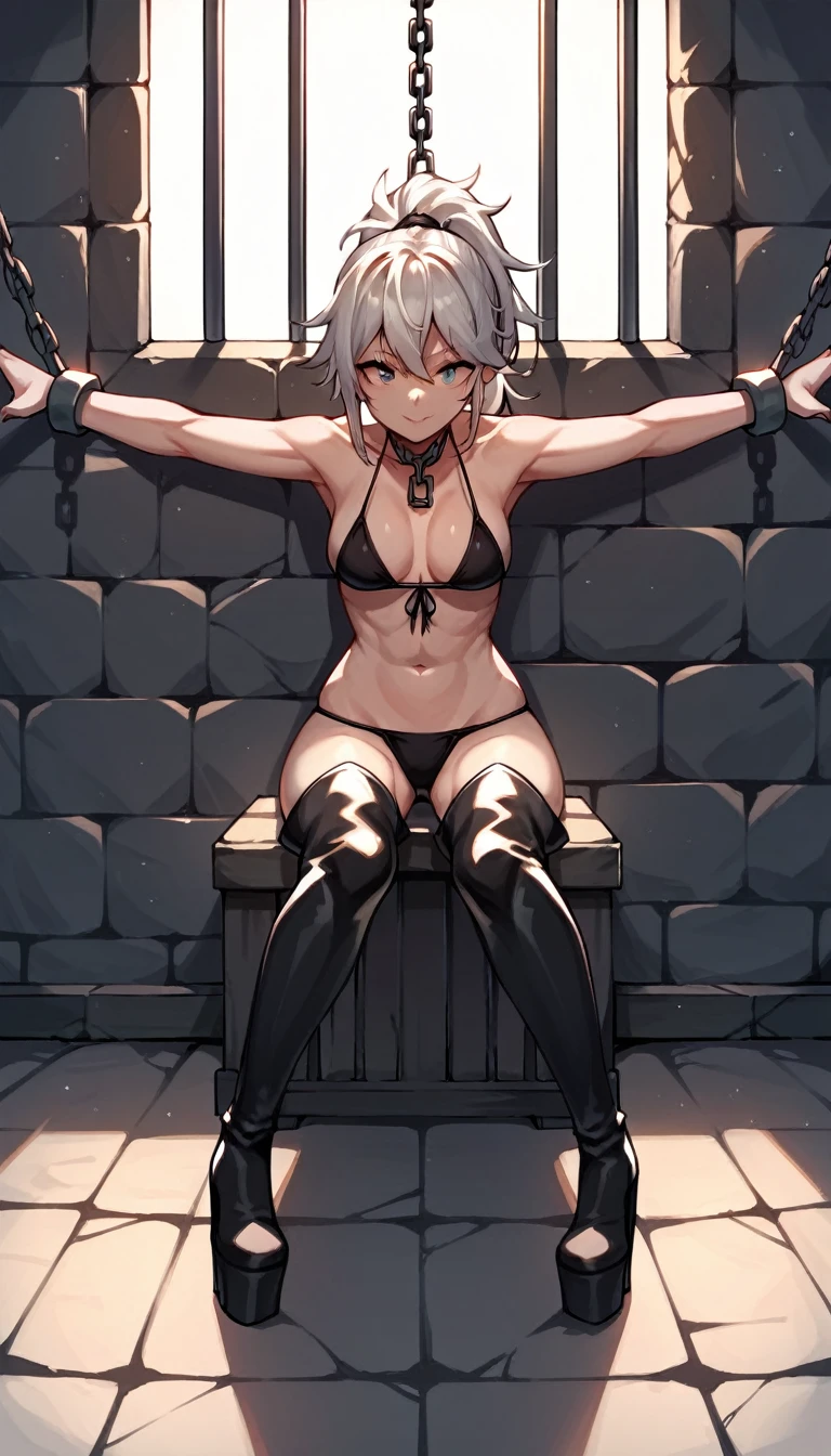 score_9, score_8_up, score_7_up, score_6_up, score_5_up, score_4_up, source_anime, 1girl,white hair,ponytail,close your eyes,w-w-chain, spread arms, messy hair,Bikini,thigh high boots,black boots,platform,On my knees, dark dungeon,prison, best quality, best res, 4K UHD,