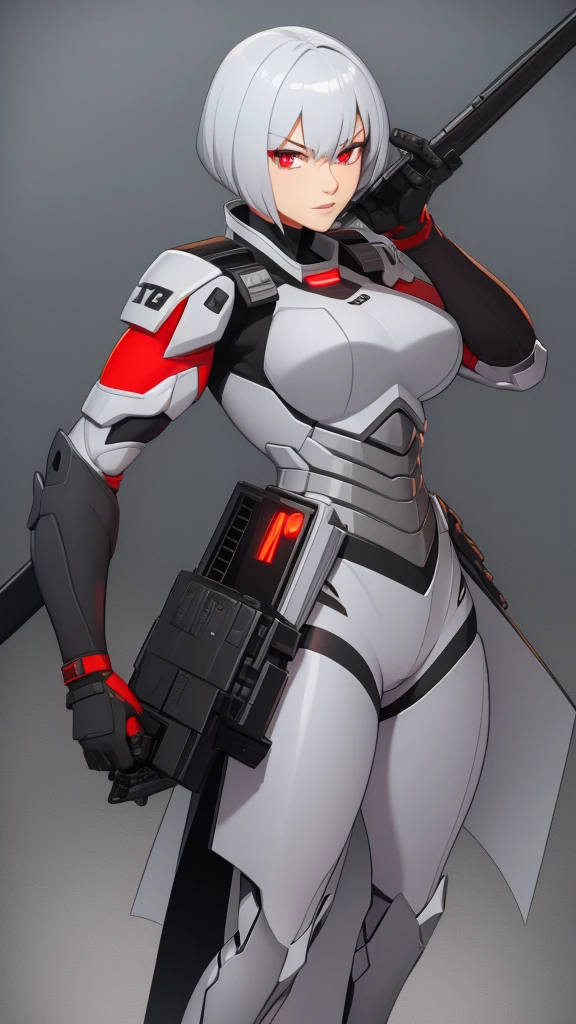 Megatron human woman in military outfit with short silver hair and red eye 