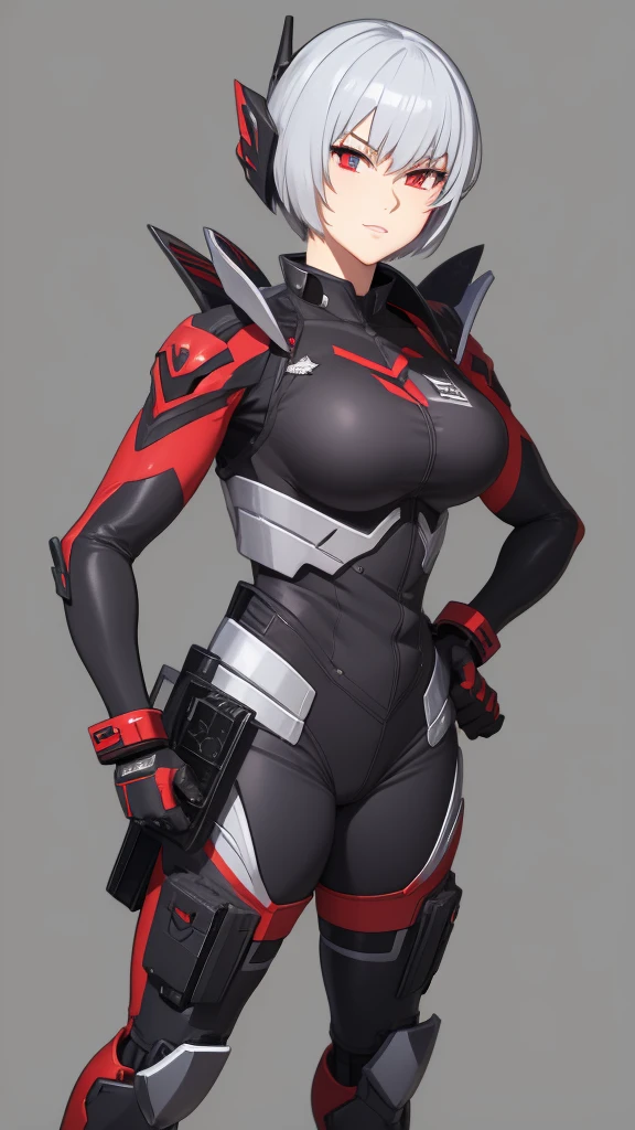Megatron human woman in military outfit with short silver hair and red eye