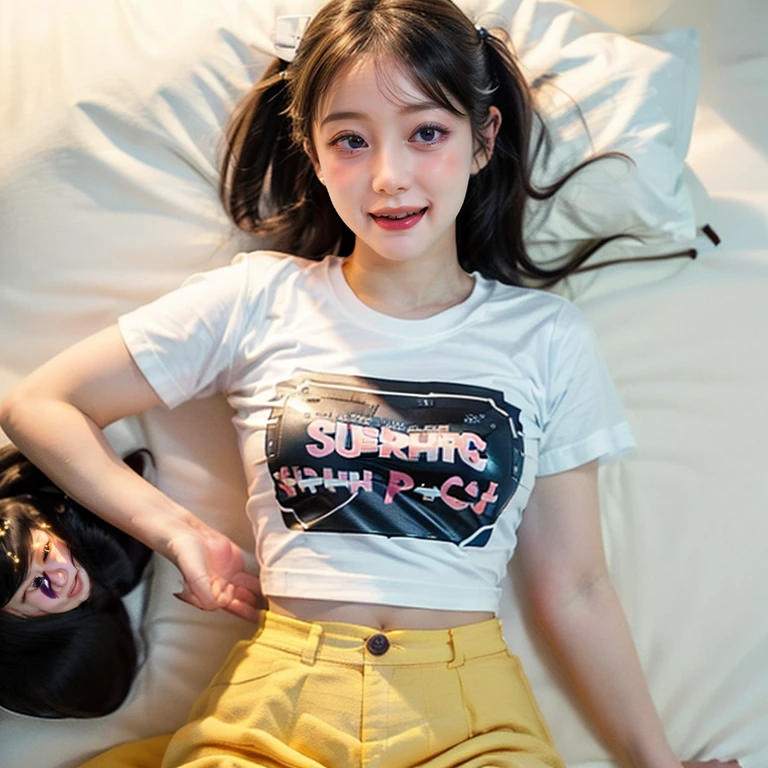 ollarbone,pastel colors t-shirt,off-shoulder look,bare shoulder,midriff peek,tring panties,open mouth,(tongue out:2),lying,looking ahead,from above,front view,upper body,(1girl,Beautiful 14 year old girl),((Slender,Small breasts,Small face,)),looking at viewer,Black Hair,bangs,one side up,Beautiful and detailed,Mischievous smile,(Dimly lit room:1.5),Simple Background,bed,pillow,best quality,Brilliant Quality