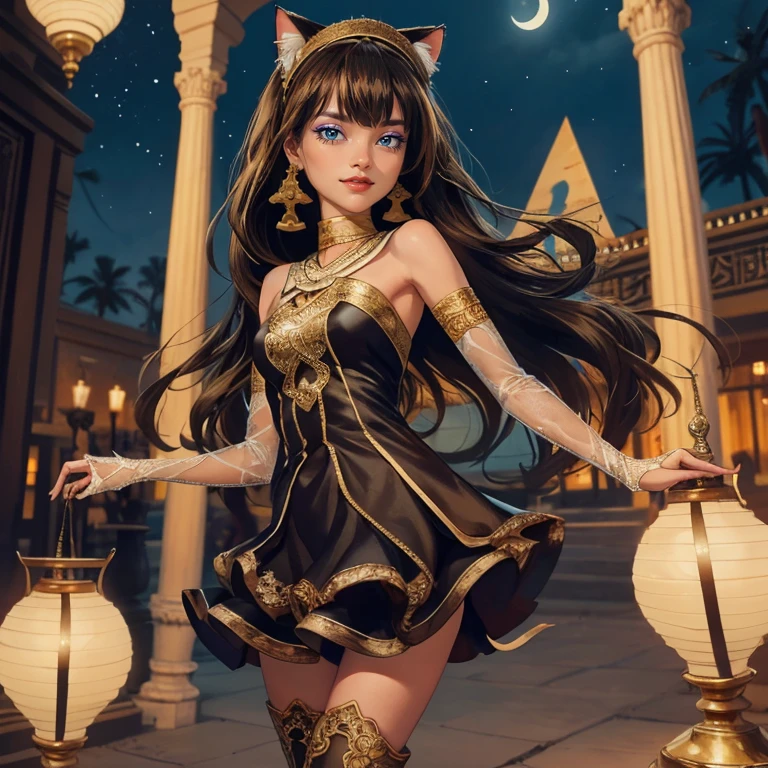  1girl, centered, a girl with a light brown skinny, cowboy shot, solo, brown hair, long hair, wave hair, Egyptian aesthetic, black shirt, black skirt, blue knee boots, smiling, Egypt style, Egypt scenery, gold lanterns, white roses, full moon,  depth of field, cinematic composition, night, white roses, smile, gold jewelry, jewelry, Egypt Pyramids scene, desert, white roses on focus, Cleo de Nilo_(monster high), Monster High, looking at the viewer, more details on the clothes, petals in the air, two arms, two legs, two hands, five fingers, Egypt Pyramids scene, desert, 1girl, black maid dress, jewelry, brown hair, flowing hair, long hair, maid dress with a short skirt and layers, blue laces, blue boots, black dress with transparency, gold details on her clothes, cat ears, animal ears,  more details, perfectly body, perfectly hands, two hands, two legs, two arms, five fingers, glowing hair, best quality, alone, maid headdress, choker, detached sleeves, maid dress, maid black dress, strapless, masterpiece, best quality, detailed face, night, asymmetrical gloves, bangs, black short skirt , black gloves, white boots, earrings, elbow gloves, fishnet thighhighs, fish masterpiece, solo, best quality, detailed face, gloves, hair between eyes, jewelry, long hair, looking at viewer, single earring, sky, sleeveless, solo, thigh boots, thigh highs, uneven gloves, solo, alone, Looking at the viewer, More details on the clothes, white roses on her hair, Egypt Pyramids scene, desert, maid, maid dress, golden details, white roses, maid headdress, maid apron, long hair