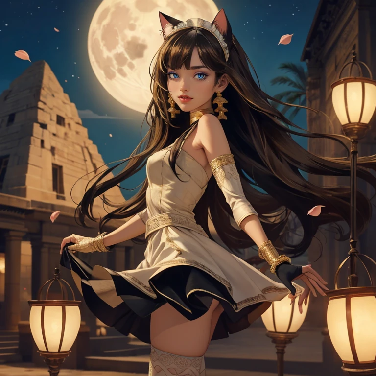  1girl, centered, a girl with a light brown skinny, cowboy shot, solo, brown hair, long hair, wave hair, Egyptian aesthetic, black shirt, black skirt, blue knee boots, smiling, Egypt style, Egypt scenery, gold lanterns, white roses, full moon,  depth of field, cinematic composition, night, white roses, smile, gold jewelry, jewelry, Egypt Pyramids scene, desert, white roses on focus, Cleo de Nilo_(monster high), Monster High, looking at the viewer, more details on the clothes, petals in the air, two arms, two legs, two hands, five fingers, Egypt Pyramids scene, desert, 1girl, black maid dress, jewelry, brown hair, flowing hair, long hair, maid dress with a short skirt and layers, blue laces, blue boots, black dress with transparency, gold details on her clothes, cat ears, animal ears,  more details, perfectly body, perfectly hands, two hands, two legs, two arms, five fingers, glowing hair, best quality, alone, maid headdress, choker, detached sleeves, maid dress, maid black dress, strapless, masterpiece, best quality, detailed face, night, asymmetrical gloves, bangs, black short skirt , black gloves, white boots, earrings, elbow gloves, fishnet thighhighs, fish masterpiece, solo, best quality, detailed face, gloves, hair between eyes, jewelry, long hair, looking at viewer, single earring, sky, sleeveless, solo, thigh boots, thigh highs, uneven gloves, solo, alone, Looking at the viewer, More details on the clothes, white roses on her hair, Egypt Pyramids scene, desert, maid, maid dress, golden details, white roses, maid headdress, maid apron, long hair