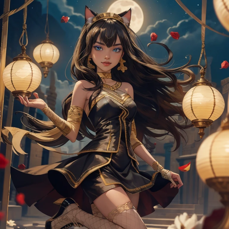  1girl, centered, a girl with a light brown skinny, cowboy shot, solo, brown hair, long hair, wave hair, Egyptian aesthetic, black shirt, black skirt, blue knee boots, smiling, Egypt style, Egypt scenery, gold lanterns, white roses, full moon,  depth of field, cinematic composition, night, white roses, smile, gold jewelry, jewelry, Egypt Pyramids scene, desert, white roses on focus, Cleo de Nilo_(monster high), Monster High, looking at the viewer, more details on the clothes, petals in the air, two arms, two legs, two hands, five fingers, Egypt Pyramids scene, desert, 1girl, black maid dress, jewelry, brown hair, flowing hair, long hair, maid dress with a short skirt and layers, blue laces, blue boots, black dress with transparency, gold details on her clothes, cat ears, animal ears,  more details, perfectly body, perfectly hands, two hands, two legs, two arms, five fingers, glowing hair, best quality, alone, maid headdress, choker, detached sleeves, maid dress, maid black dress, strapless, masterpiece, best quality, detailed face, night, asymmetrical gloves, bangs, black short skirt , black gloves, white boots, earrings, elbow gloves, fishnet thighhighs, fish masterpiece, solo, best quality, detailed face, gloves, hair between eyes, jewelry, long hair, looking at viewer, single earring, sky, sleeveless, solo, thigh boots, thigh highs, uneven gloves, solo, alone, Looking at the viewer, More details on the clothes, white roses on her hair, Egypt Pyramids scene, desert, maid, maid dress, golden details, white roses, maid headdress, maid apron, long hair