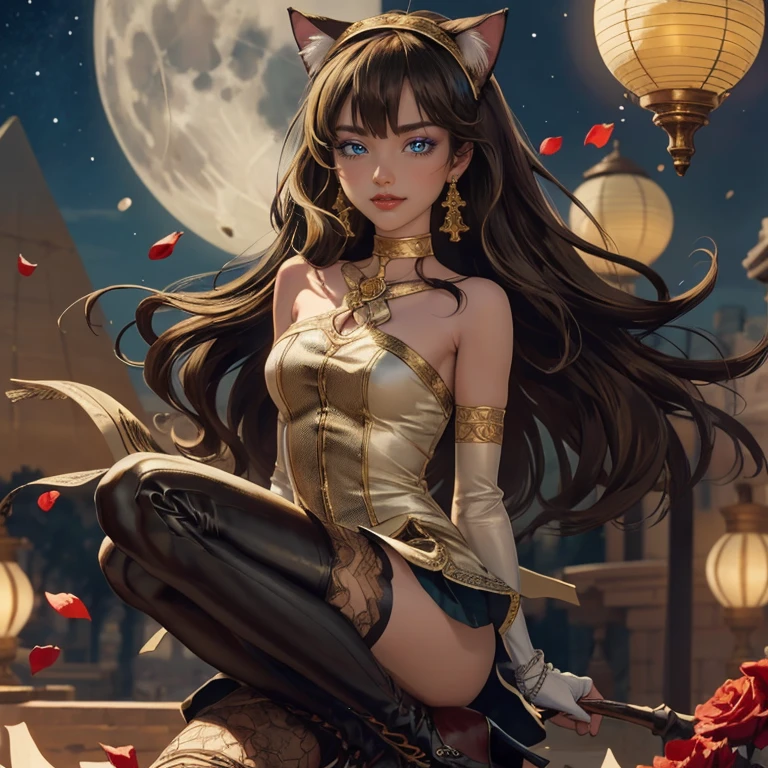  1girl, centered, a girl with a light brown skinny, cowboy shot, solo, brown hair, long hair, wave hair, Egyptian aesthetic, black shirt, black skirt, blue knee boots, smiling, Egypt style, Egypt scenery, gold lanterns, white roses, full moon,  depth of field, cinematic composition, night, white roses, smile, gold jewelry, jewelry, Egypt Pyramids scene, desert, white roses on focus, Cleo de Nilo_(monster high), Monster High, looking at the viewer, more details on the clothes, petals in the air, two arms, two legs, two hands, five fingers, Egypt Pyramids scene, desert, 1girl, black maid dress, jewelry, brown hair, flowing hair, long hair, maid dress with a short skirt and layers, blue laces, blue boots, black dress with transparency, gold details on her clothes, cat ears, animal ears,  more details, perfectly body, perfectly hands, two hands, two legs, two arms, five fingers, glowing hair, best quality, alone, maid headdress, choker, detached sleeves, maid dress, maid black dress, strapless, masterpiece, best quality, detailed face, night, asymmetrical gloves, bangs, black short skirt , black gloves, white boots, earrings, elbow gloves, fishnet thighhighs, fish masterpiece, solo, best quality, detailed face, gloves, hair between eyes, jewelry, long hair, looking at viewer, single earring, sky, sleeveless, solo, thigh boots, thigh highs, uneven gloves, solo, alone, Looking at the viewer, More details on the clothes, white roses on her hair, Egypt Pyramids scene, desert, maid, maid dress, golden details, white roses, maid headdress, maid apron, long hair