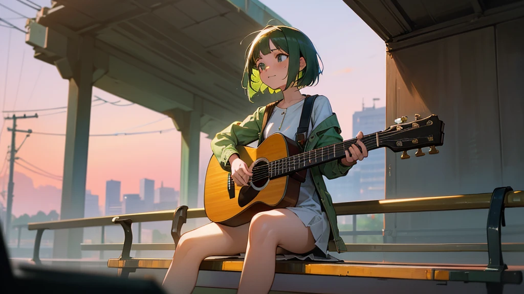 Sunset serenade on deserted platform,Focus on landscape,landscape painting,A girl with short green hair and M-shaped bangs,Wearing a short white dress,Denim jacket with affectionate and sad expression, Girl looking up to the sky while playing guitar,masterpiece of girl playing guitar,best quality,high resolution,extra limbs,Missing limbs,extra digits,Fewer numbers,Missing numbers,Missing fingers,Fusion of fingers,Deformed hands and fingers sitting on a bench by the roadside playing acoustic guitar