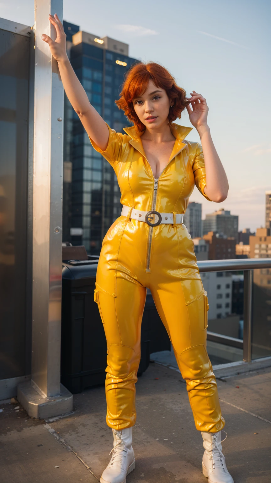 (masterpiece), (best quality), (solo character), (large breasts), (photorealistic:1.4), (chr1sh3n wearing white belt), (apriloneil costume, jumpsuit), (yellow latex jumpsuit), (apriloneil hairstyle), (apriloneil white belt), (apriloneil boots), (aprilonei wearing watch), (epiCRealLife), (lora:epiCFlashPhoto), (red hair), (red lipstick), (brown eyes), (young woman), (flashphoto), (sunset), (new york city view), (garden rooftop), (outdoor), (movie poster), (kneel poses)