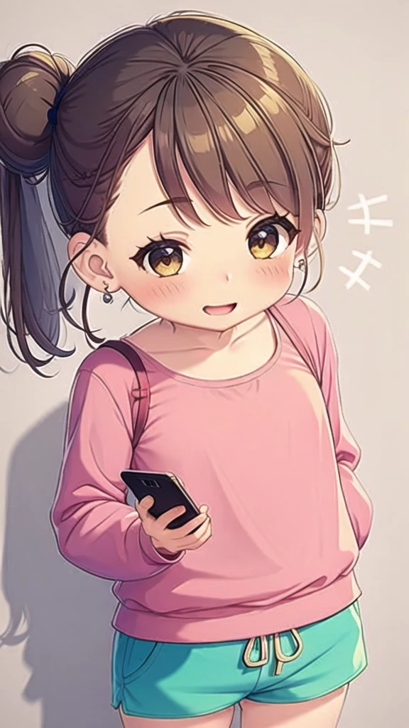 a  with a pink bow holding a smartphone while talking to someone, 1girl, yellow bow, jewelry, solo, earrings, phone,  eyes,  hair, bow, smile, open mouth, bag, cellphone, pink shirt, shorts, hair bow, holding phone,sad