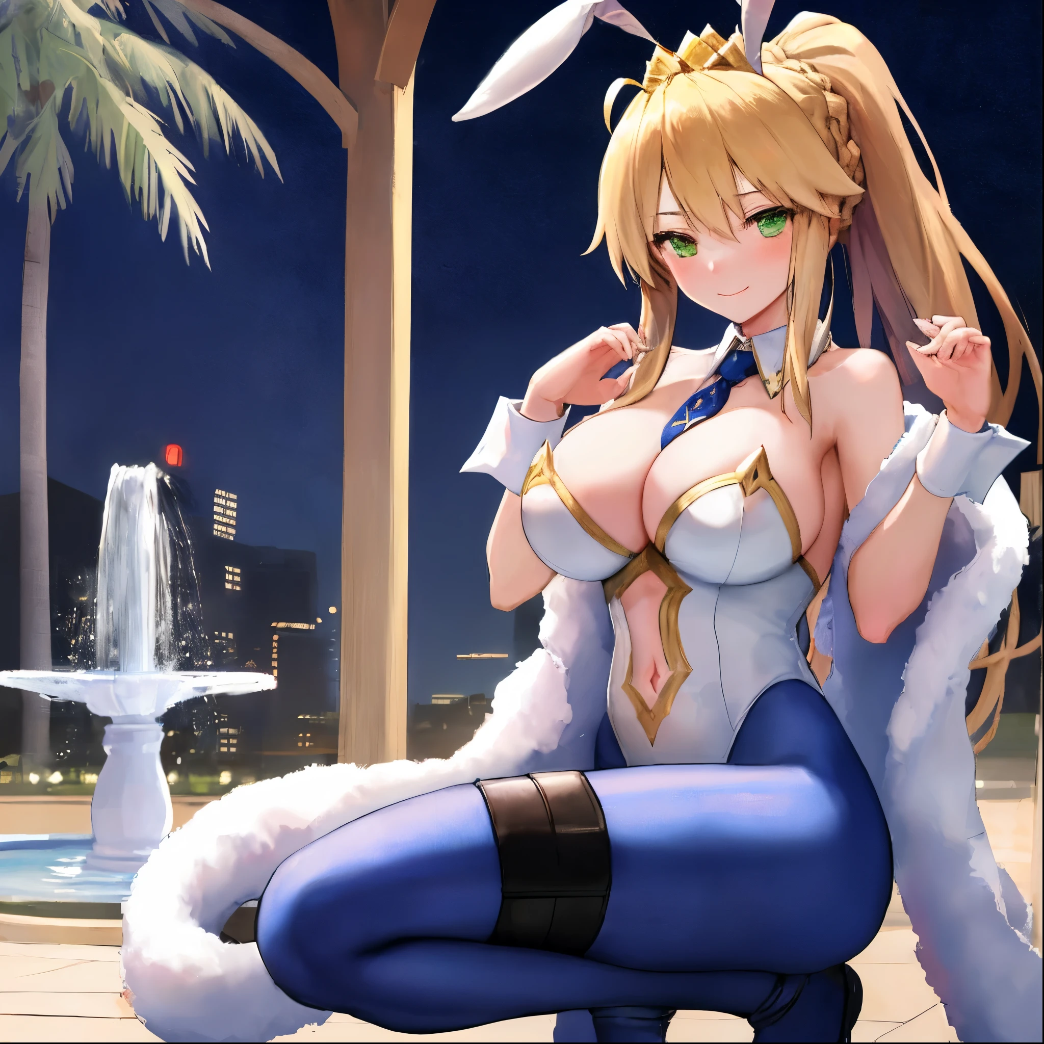 masterpiece, best quality, absurdres, soft lighting, looking at viewer, solo, light_smile, shy,
1girl, ahoge, rabbit ears, playboy bunny, artoria pendragon \(swimsuit ruler\) \(fate\), large breasts , blonde hair, green eyes, french braid, pony tail
bare shoulders, large breasts , cleavage,
clothing cut out, wrist cuffs, detached collar, navel cutout, feather boa,
white leotard, blue necktie, blue pantyhose, single thigh strap, hands_on_head,put_hands_up,
squat,gorgeous_background,solo,rabbit_posing,large_thighs,Extend_fingers,palm,open_legs,.solo,fountain,