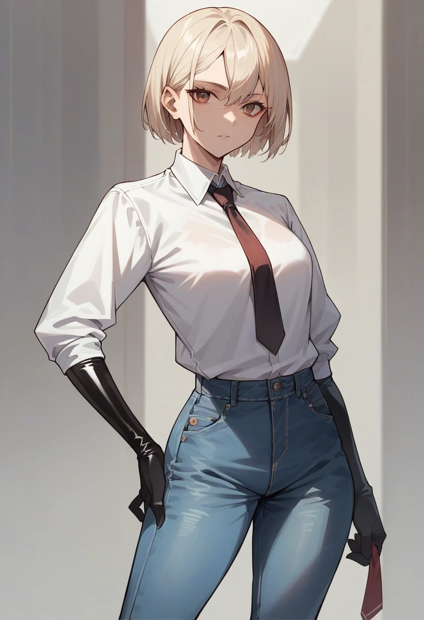 1girl, light hair, ((black elbow gloves)), ((surgical gloves)), ((latex gloves)), ((long sleeves)) ((white shirt)), jeans, tie, looking at viewer, standing, solo