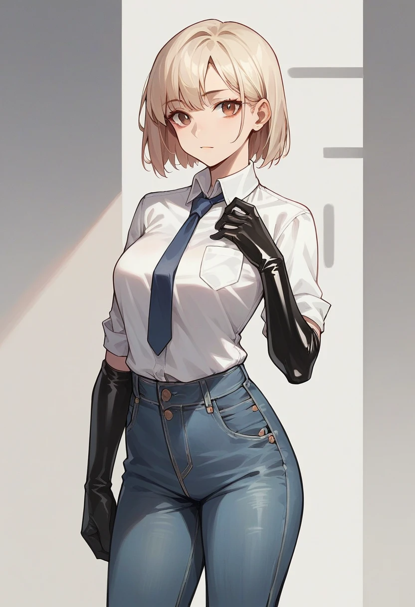 1girl, light hair, ((black elbow gloves)), ((surgical gloves)), ((latex gloves)), ((long sleeves)) ((white shirt)), jeans, tie, looking at viewer, standing, solo