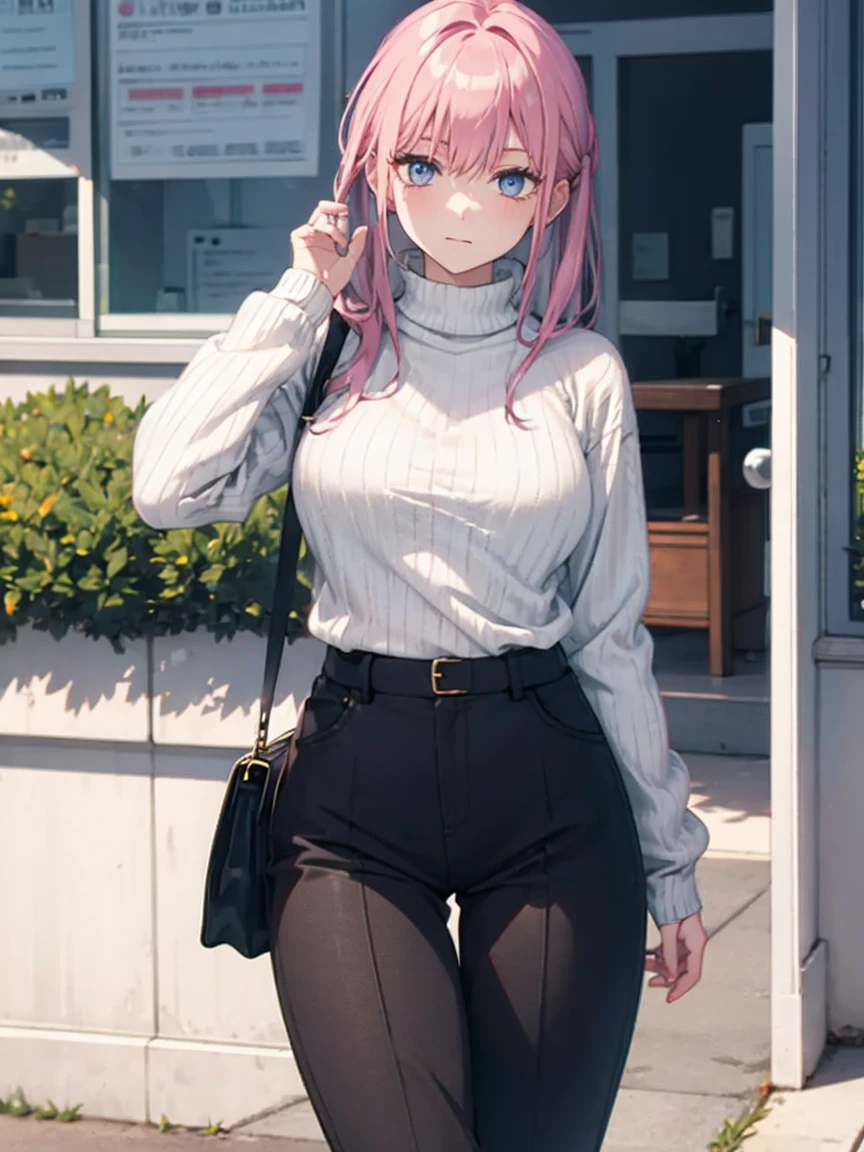 Black ribbed knit sweater, Pants and stockings