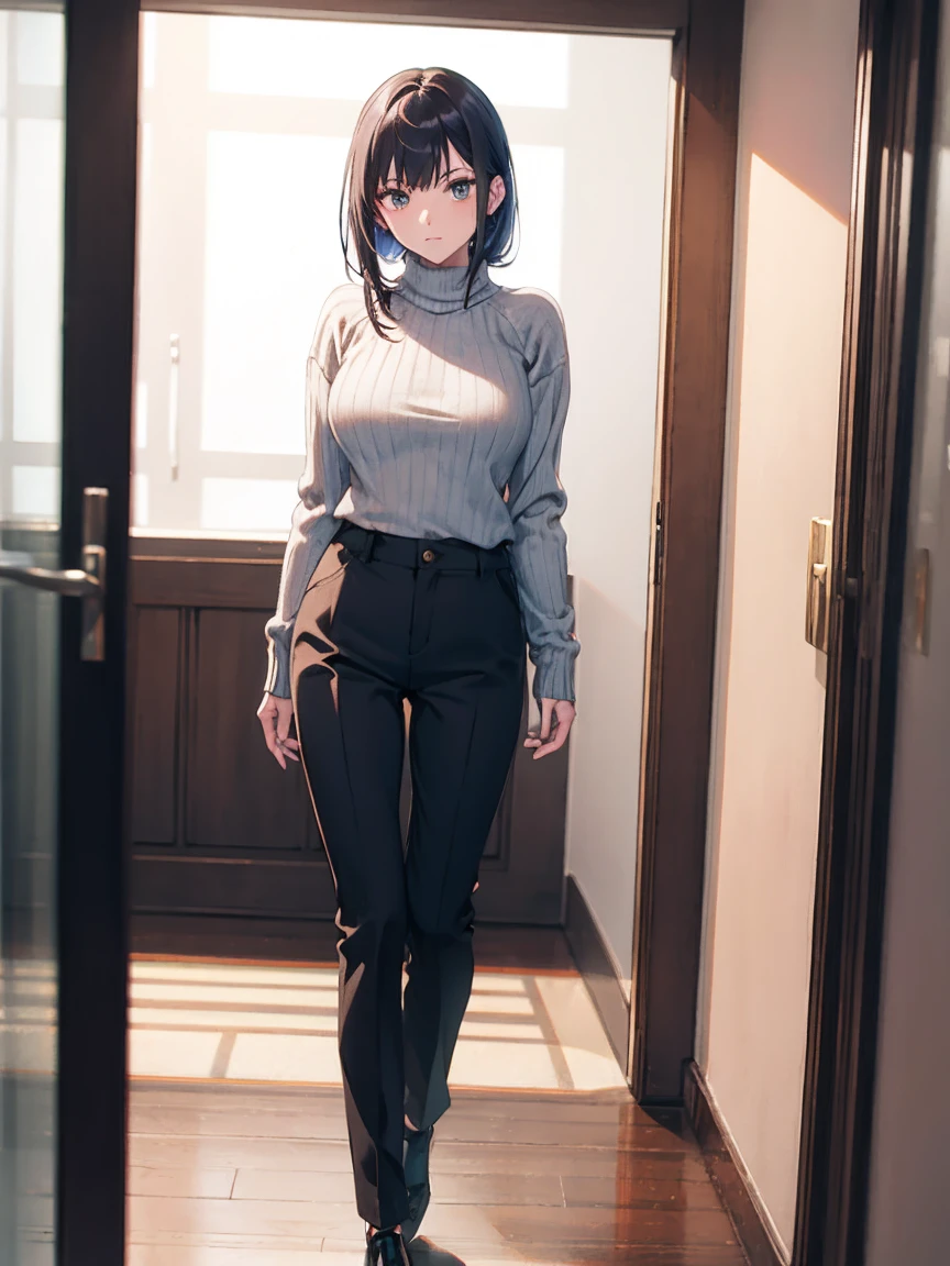 Black ribbed knit sweater, Pants and stockings
