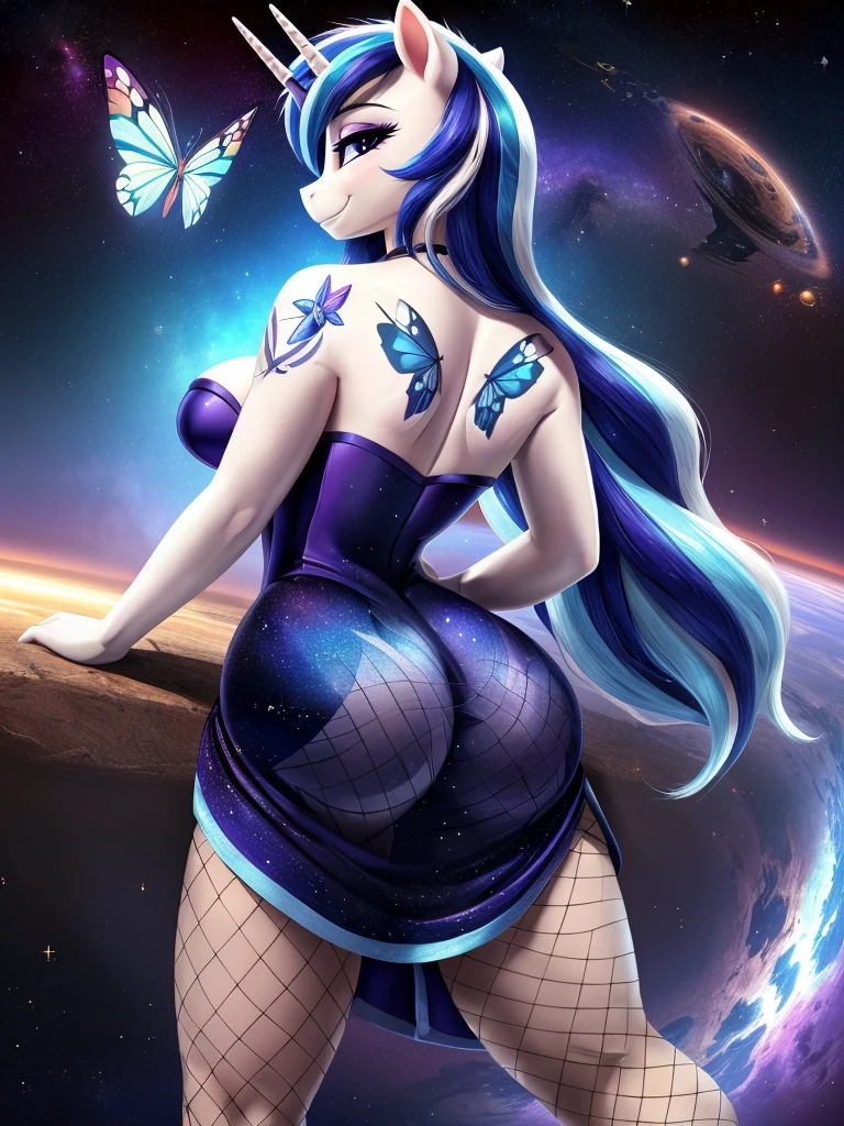 ((my little pony)), solo, ((seductive costume)), beautiful body, high detailed, 4K, ((seductive perky butt)), behind view, (((short strapless space styled dress))), beautiful medium breasts, (((shining armor))), (((tights fishnet))), ((butterfly tattoo)), ((seductive journal pose))