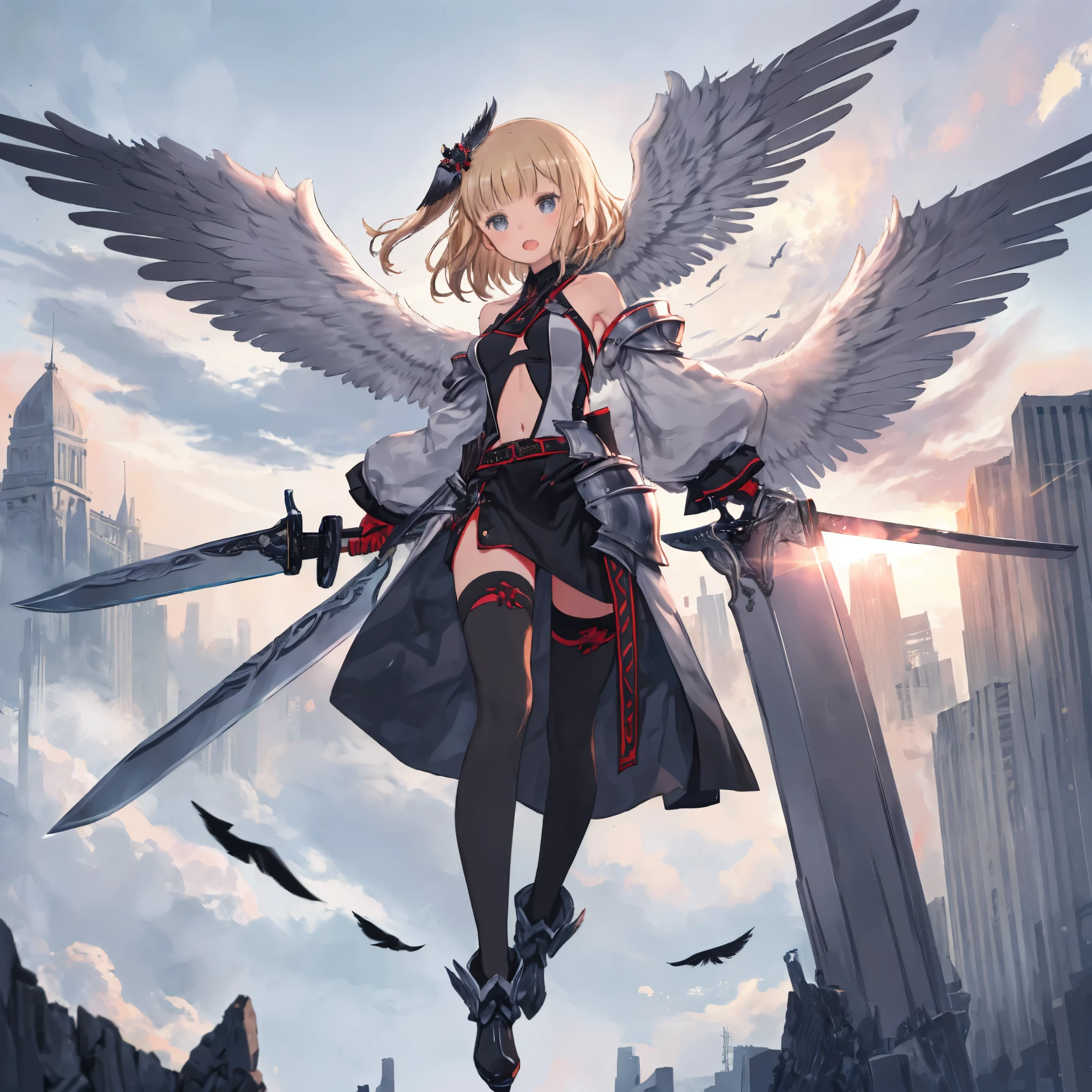 fantasy, 1devill_girl, low_teen, platina_blonde_hair,long_bangs, , bare_shoulder, navel out, thighhighs,silver_shiny_armor, white_clothes,waist_armor, Glebe, hold_swords_emits_light, medium_breasts, dynamic_flying_pose,Floating, (1pair_black_wings:1.4),(pelvic_curtain:1.3), silver_Headgear ,looking_down_at_sunset_city_sky_background,,slightly_spread_legs, some_swords_emits_light,some_swords_emits_light_floating_around_the_girl,solo,open_mouth,open_legs,open_arms,rise_knee,rise_leg,rise_thigh,rise_leg,forward_leaning_posture,apart_legs,(black_wings:1.5)
